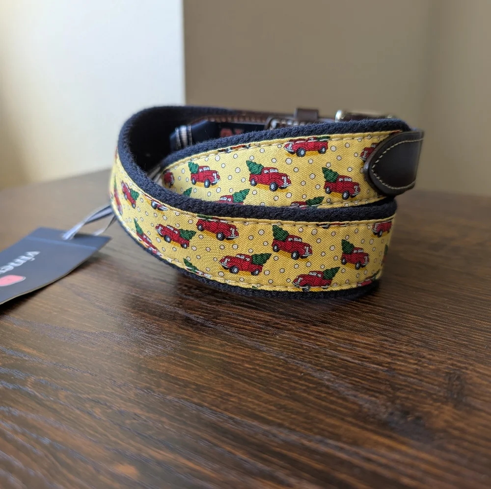 Vineyard Vines Yellow Red Christmas Tree Truck Cotton Canvas Brown Leather Belt